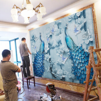 3d立体壁画电视背景墙壁纸客厅沙发卧室墙布孔雀5d8d凹凸墙纸 (拼接)