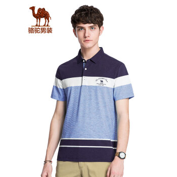 骆驼（CAMEL）男装 夏季男青年商务休闲条纹上衣 时尚微弹POLO衫 浅蓝 XL