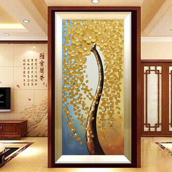 
                                        易美馨发财树油画 欧式山水风景抽象纯手绘定制走廊客厅装饰画 玄关挂画 如图 带框80X160CM                