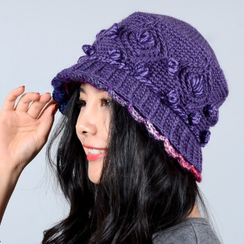毛线帽子女冬天韩版手工编织加绒针织帽双层护耳帽冬季保暖帽女 紫色