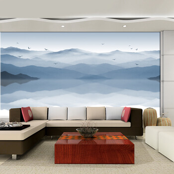 电视沙发背景墙壁画3d水墨国画无缝山水画客厅中式背景墙壁纸墙布定制
