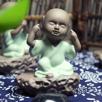 
                                        金镶玉 茶具配件 三不小和尚茶宠 汝窑紫砂茶艺摆件                