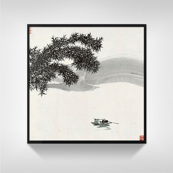 吴冠中写意山水风景水墨画国画 河流船两联黑白装饰字画 单幅a款 50*