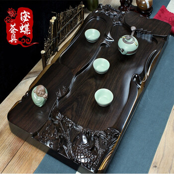 黑檀木茶盘 整块实木长方形 茶海 茶台家用 排水大号红木 荷花鱼sn