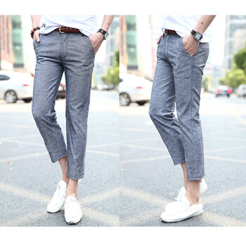 fanboke男装夏天透气亚麻八分裤<em>男士韩版</em>修身