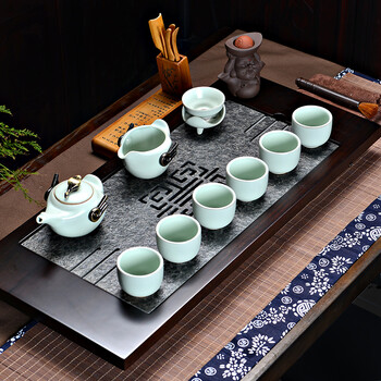 
                                        言艺 茶具 功夫茶具套装配实木嵌乌金石茶盘 汝窑大雁南归配黑檀平板-万乌金石                