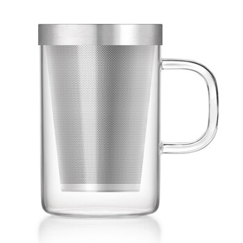 【618同价】尚明耐热玻璃杯 不锈钢过滤带盖泡茶杯 隔热玻璃茶杯 带把办公水杯 透明把柄500毫升
