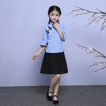 儿童古装民国风学生装女童刺绣表演服合唱古筝合照民族毕业班服 棉麻