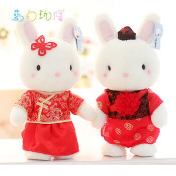 棉呆呆 婚庆新婚礼品情侣婚纱礼服小兔兔婚纱兔毛绒公仔 情侣兔一对-紫色婚纱 40cm