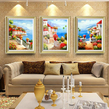 
                                        山迪手绘油画欧式客厅装饰画餐厅玄关挂画地中海风景画 地中海B1竖版 实木画框62X72cm                