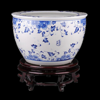 
                                        臻爵家饰 景德镇陶瓷器 青花瓷金鱼缸摆件 睡莲乌龟缸 居家实用 中号                