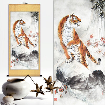 老虎国画下山虎玄关避邪装饰画客厅上山虎挂画镇宅卷轴丝绸画 j-上山