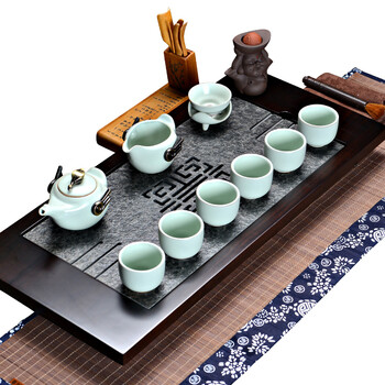 
                                        言艺 茶具 功夫茶具套装配实木嵌乌金石茶盘 汝窑大雁南归配黑檀平板-万乌金石                