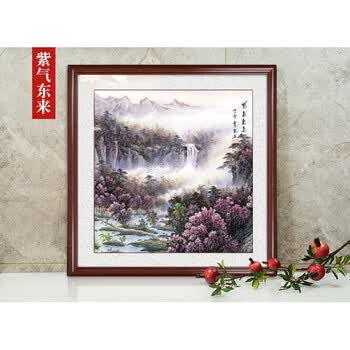 字画办公室正方形山水画聚宝盆玄关中式装饰画风水带框ms 紫气东来