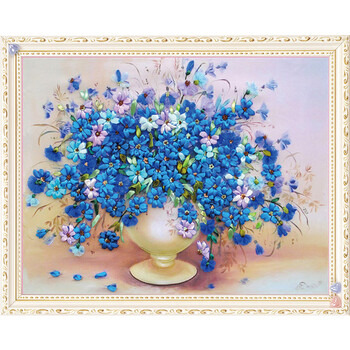 
                                        悠趣 手工绣丝带绣套件 书房客厅装饰挂画 花瓶 60x45CM 蓝语芳香 A-308                
