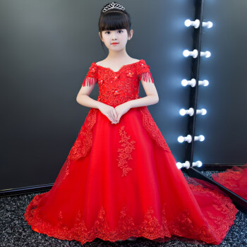 小孩儿童婚纱晚礼服红色拖尾花童钢琴女童走秀主持人演出服公主裙