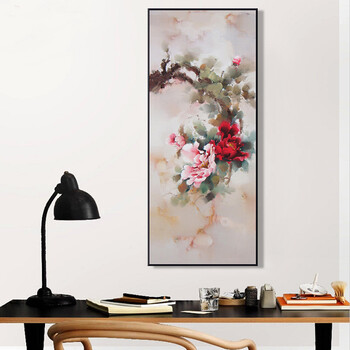 天顶山 中式客厅装饰画现代油画沙发背景墙挂画玄关壁画牡丹花卉 简约画框+手工装裱+简约现代 50x120cm