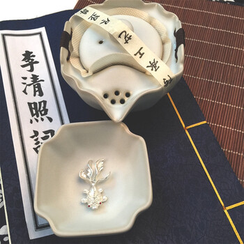 一杯一壶 银鱼杯汝窑开片 品茗杯小茶杯陶瓷功夫茶杯品茗陶瓷快客杯 国汝-金鱼