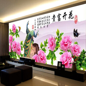 皇室珍品蒙娜丽莎十字绣客厅新款大幅花开富贵孔雀牡丹花精准印花szx2米3全绣套件 3股绣 棉线大版 全绣 绣布尺寸 190x75厘米