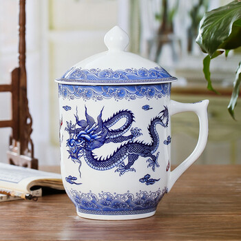 鹏博带盖茶杯景德镇陶瓷杯瓷器杯子 办公杯会议杯 霸王杯礼盒装 霸王杯  飞龙在天