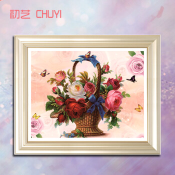 
                                        初艺 新款5D魔方钻石画客厅卧室花篮玫瑰牡丹插花草花卉图砖石秀水钻点钻圆钻粘贴钻十字绣 魔方钻花篮 尺寸58X48cm                