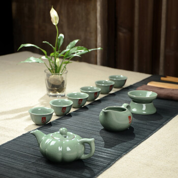 
                                        淘奔瓷 新款正品龙泉青瓷哥窑汝窑功夫茶具 陶瓷茶壶茶杯整套茶具茶盘套装 天青色-南瓜茶具                
