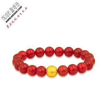 美地亚 千足金 24k金 999黄金玛瑙手链 转运珠