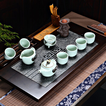 
                                        言艺 茶具 功夫茶具套装配实木嵌乌金石茶盘 汝窑大雁南归配黑檀平板-万乌金石                