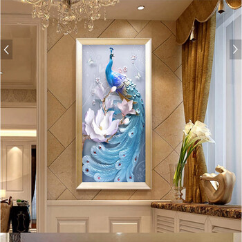 立体孔雀玄关背景墙装饰画过道抽象大幅挂画别墅大尺寸挂画 香槟金框
