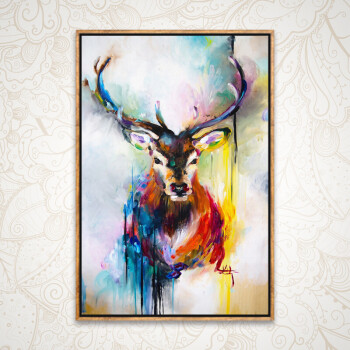 客厅玄关抽象油画水彩鹿发财鹿装饰画有框画 g80-266