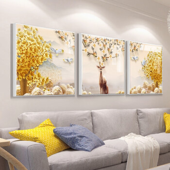 客厅装饰画 北欧沙发背景墙挂画 餐厅现代简约冰晶三联画墙画麋鹿壁画