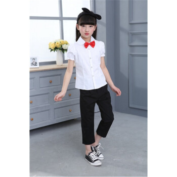 女童白衬衫短袖纯棉夏季簿款中大童小学生校服演出服儿童白色衬衣 女