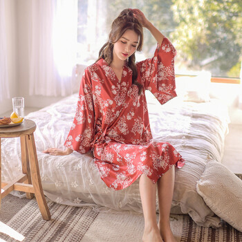 日式和服睡袍丝绸睡衣女春夏红色印花绸缎长袖性感家居服浴袍女款