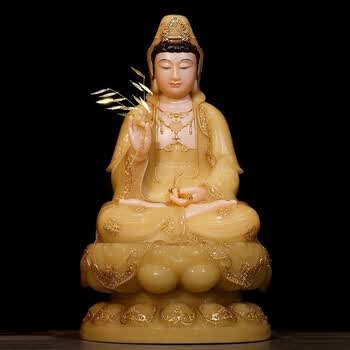 汉白玉观音佛像供奉客厅保平安摆件黄玉镶金西方三圣坐莲观音菩萨 19