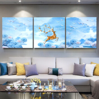 客厅装饰画现代简约沙发背景墙壁画发财鹿立体浮雕三联3d中式挂画 一