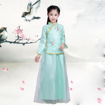 古筝演出服中国风中山表演服装女童民国风小姐学生装冬季长袖 浅绿色