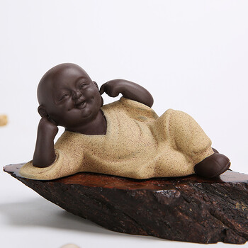 小和尚彩砂茶宠精品紫砂茶宠招财金蟾喷水尿童茶玩可养 深灰色 侧躺三