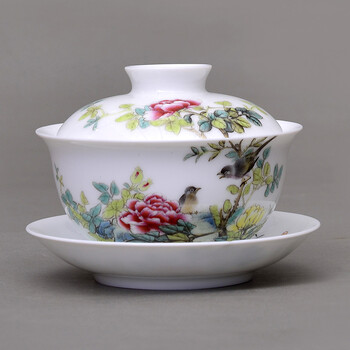 
                                        景德镇手绘茶具 高档精品瓷器功夫茶具 单套盖碗23号粉彩月月生辉 预售款                