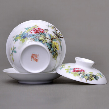 
                                        景德镇手绘茶具 高档精品瓷器功夫茶具 单套盖碗23号粉彩月月生辉 预售款                