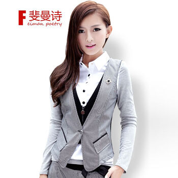 斐曼诗 秋装新款女装韩版中长款修身显瘦休闲小西服薄西装女外套 9235 浅灰色 XL