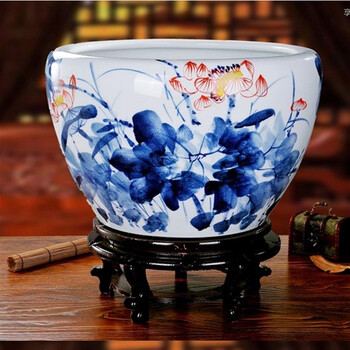 
                                        文燕手工聚宝盆锦地 景德镇陶瓷鱼缸手绘青花金鱼盆书画缸荷花锦鲤缸睡莲碗莲盆养龟金鱼睡莲水箱 C款特大号买一送七                