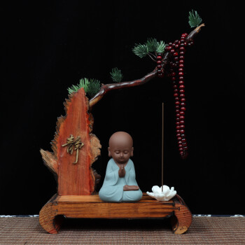 创意紫砂中式禅意人物带天然木底坐手工精品小和尚茶宠陶瓷摆件 静字