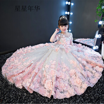 星星年华女童模特礼服夏花仙子儿童走秀钢琴演出拖尾晚礼服蓬蓬公主裙