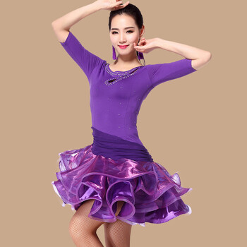 拉丁舞服装女春季演出服舞蹈服中袖烫钻鱼骨连衣裙 紫色(鱼骨拉丁裙)