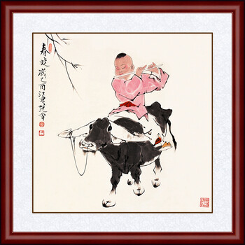 国画挂画牧童骑牛吹笛图客厅玄关壁画卧室实木框装饰画sn5590 a2-春晓