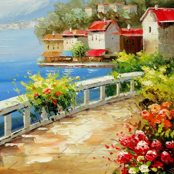 
                                        山迪手绘油画欧式客厅装饰画餐厅玄关挂画地中海风景画 地中海B1竖版 实木画框62X72cm                