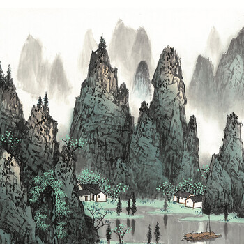 羿木中式客厅装饰画 书房 办公室装饰画国画山水画风景画字画挂画墙画 千峰竞秀 40*120-纯实木黑色框+有机玻璃