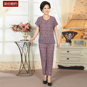 英伦格钓 中年老年<em>女士</em>短袖<em>短裤</em>套装 <em>妈妈</em>装上