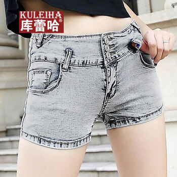 韩国<em>牛仔</em>裤 女式 <em>中腰</em>排扣 弹力紧身 <em>牛仔短裤女</em>