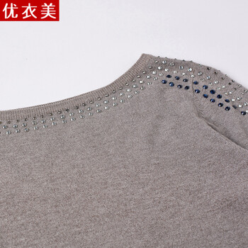 优衣美WA秋冬女装2015新品 钉钻一字领打底针织衫女套头长袖15132 浅驼色 M